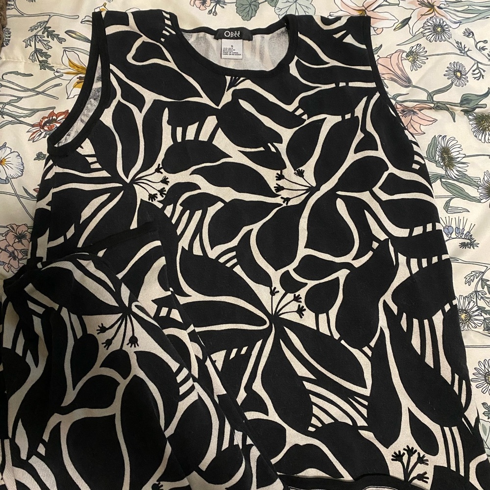 Obee Black and White Floral Silk Women's Top and Cardigan With Beading